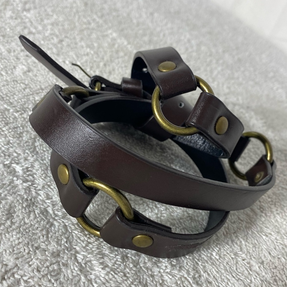Vintage Brown Leather Segmented Skinny Belt W Brass Tone Hardware